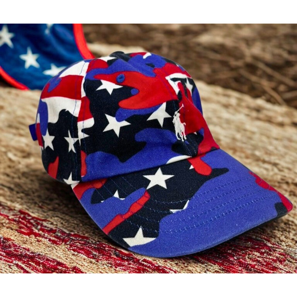 Polo Ralph Lauren Stars & Stripes Camo Baseball Cap Red White Blue Strapback EUC - Picture 1 of 8